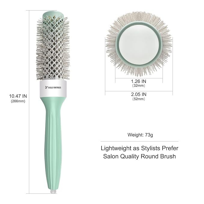 Eagle Fortress Round Brush for Blow Out, Thermal Ceramic Hair Brush for Blow Drying with Ionic Bristle for Professional Blowout Brushing - Green, 32mm