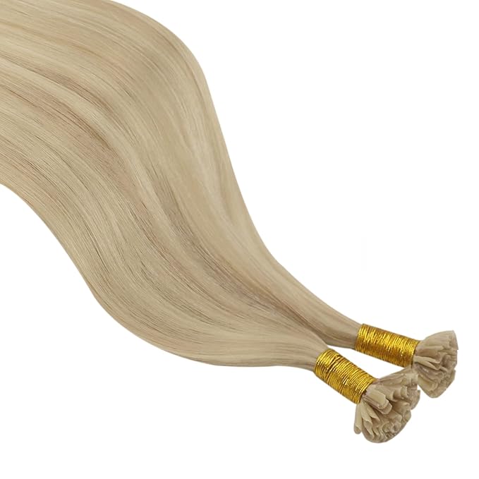 YoungSee U Tip Hair Extensions Human Hair Highlight U Tip Hair Extensions Ash Blonde with White Blonde Highlight Utip Hair Extension Human Hair 20 Inch Ktip Extension Remy Hair 1G/S 50G for Wedding