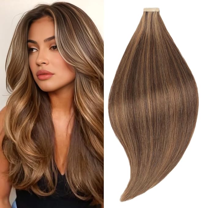 Tape in Hair Extensions Human Hair Brownish Brown to Brownish Yellow 22 Inch 20Pcs Tape Ins for Women Straight Invisible Seamless Remy