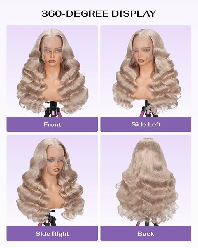 Hidden Strap Milk Tea Ash Blonde Wig Human Hair Body Wave 360 Lace Front Wig Human Hair Ombre Glueless Wigs Pre Bleached Bleached Knots 180% Density Drawstring HD Full Lace Wigs 28Inch
