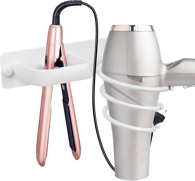 YUET Hair Dryer Holder Hairdryer Straightener Station Wall Mounted Metal Spiral Shelf Bracket Stand Hanger Organizer Blow Storage With Cable Tidy Rack For Dressing Table Bathroom Professional (White)