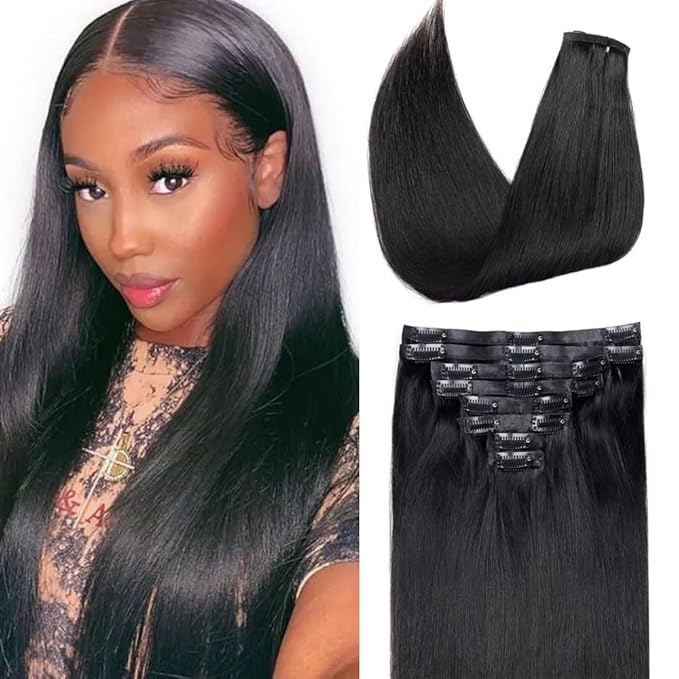 Seamless Clip in Hair Extensions Real Human Hair Straight Remy Human Hair Clip in Extensions for Women, Natural Soft Silk Straight Human Hair PU Thin Weft 8Pcs 120g #1B Natural Black