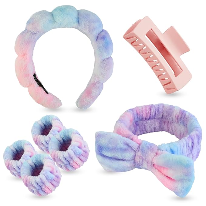 7 Pcs Spa Set, Facial Headband and Wristband Set, Skincare Accessories, College Style Girl Idea Gifts, Hair Accessories for Women and Girls（Tie Dye）