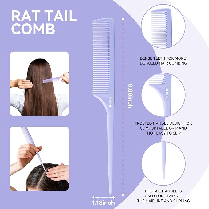 RHOS Hair Comb Set for All Hair Types and Genders - Wide, Fine Rat Tail, and Medium Detangling Combs for Styling (Purple)