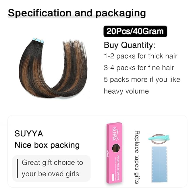 SUYYA Tape in Hair Extensions Human Hair Balayage Natural Black to Chestnut Brown 12 Inch 40g/pack 20pcs Straight Seamless Skin Weft Tape in Real Human Hair Extensions(12inch #P1B/6/T1B)