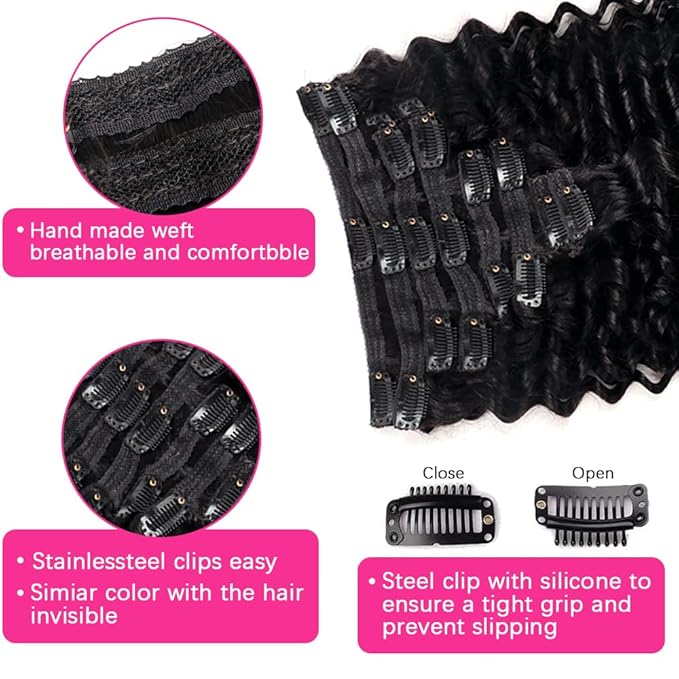 Deep Wave Clip in Hair Extensions for Black Women Brazilian Virgin Human Hair Extensions 8Pcs Remy Hair Extensions Clip in Human Hair with 18Clips 120g (14inch, Natural Black)