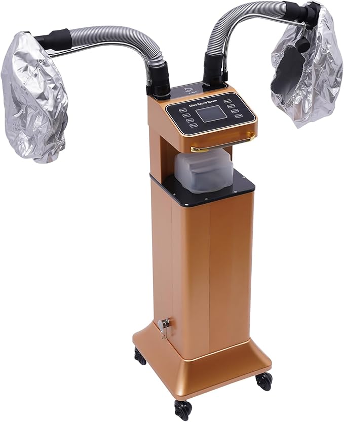 Multifunctional Hair Steamer Cold Mist Ozone Oil Treatment Dyeing Machine with 2 Steam Caps Standing Hooded Hair Care Processor with Wheels 2 Telescopic Tubes Time/Temp Control for Barbershops Salons