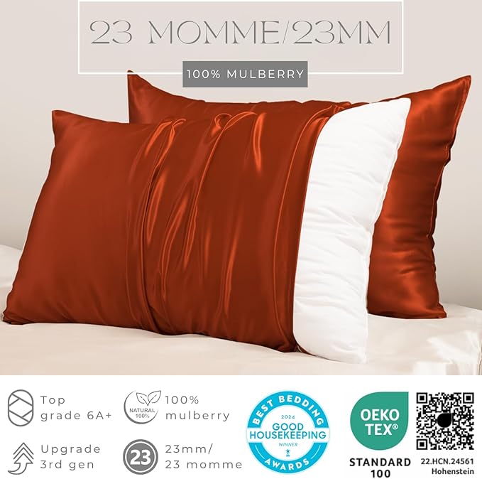 PROMEED 23 Momme Silk Pillowcase 2 Pack with Zipper, 3rd Gen Grade 6A+ 100% Mulberry Silk Pillow Case Set of 2, Cooling Pillow Cases for Hot Sleepers (King 20"x36", Dusk)