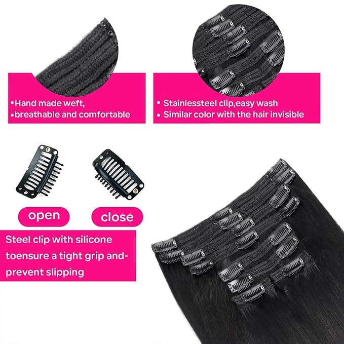 Yaki Straight Clip in Hair Extensions Real Human Hair 8Pcs Remy Human hair Clip ins for Women, Natural Soft Human Hair 120g 30inch #1B Natural Black