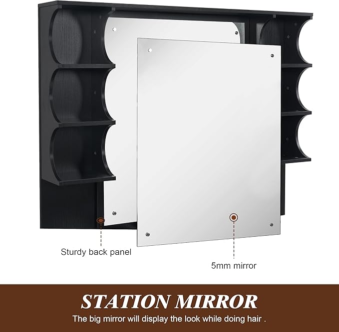 BarberPub Backwash Shampoo Bowl Cabinet, Wall Mount Station with Mirror, Storage Cabinet with Drawers & Shelf Salon Equipment 3141 (Black)