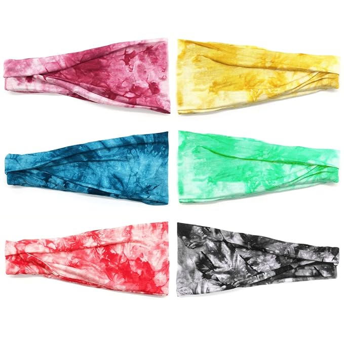 Boho Headbands For Women Fashion Wide Headband Yoga Workout Head Bands Hair Accessories Elastic Tie Dye Band 6 Pack