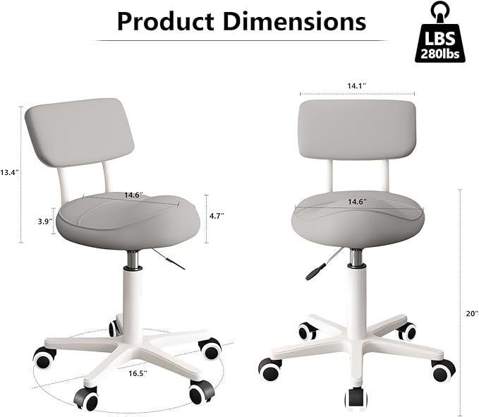 Ergonomic Esthetician Stool Chair with Back Support for Salon, Swivel Rolling Stool Height-Adjustable for Clinic Dentist Spa, Home Office, Drafting Work Task Chair