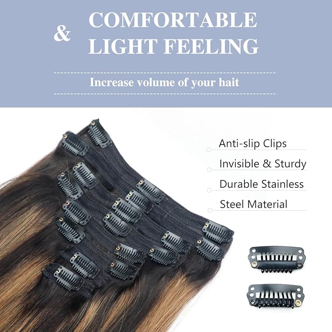 Balayage Clip in Hair Extensions Real Human Hair Straight Remy Human Hair Clip ins for Women, Natural Soft Human Hair, 8Pcs 120g, 16inch #1B/6/1B Balayage Natural Black to Chestnut Brown