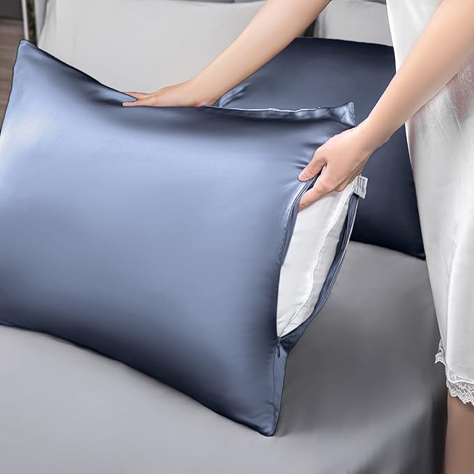 Mulberry Silk Pillowcase for Hair and Skin,King Size Cooling Silk Pillow Case with Hidden Zipper,Allergen Proof Dual Sides Soft Breathable Smooth Silk Pillow Cover for Women(King,Grayish Blue)