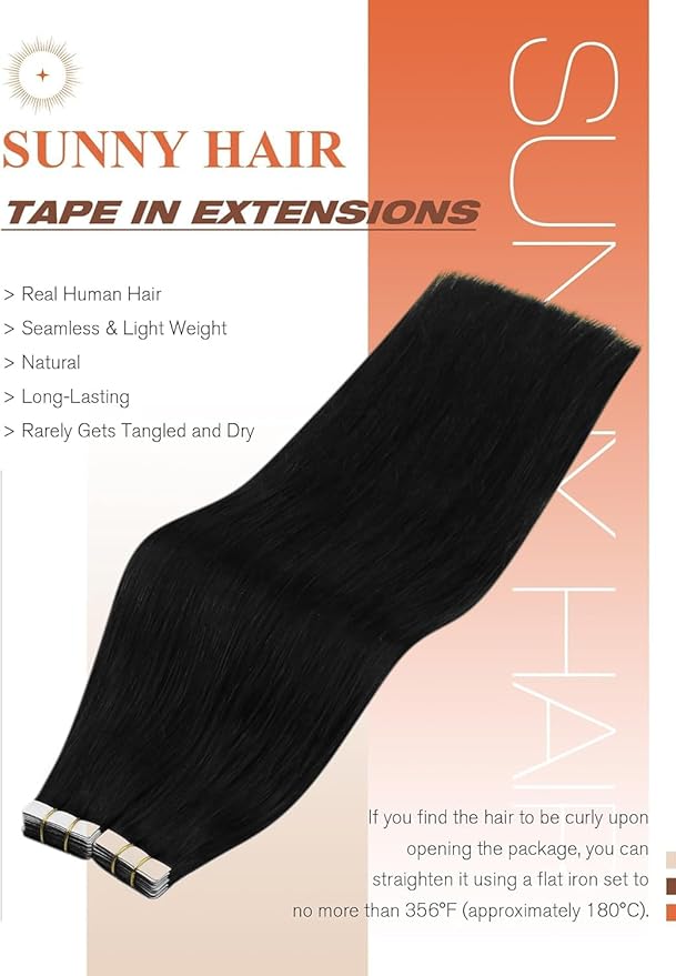 Sunny Hair Tape in Hair Extensions Human Hair 16inch Hair Extensions Real Human Hair Tape in Extensions for Women Jet Black Invisible Remy Hair Natural Straight Skin Weft Double Sided Tapes 20Pcs 50g