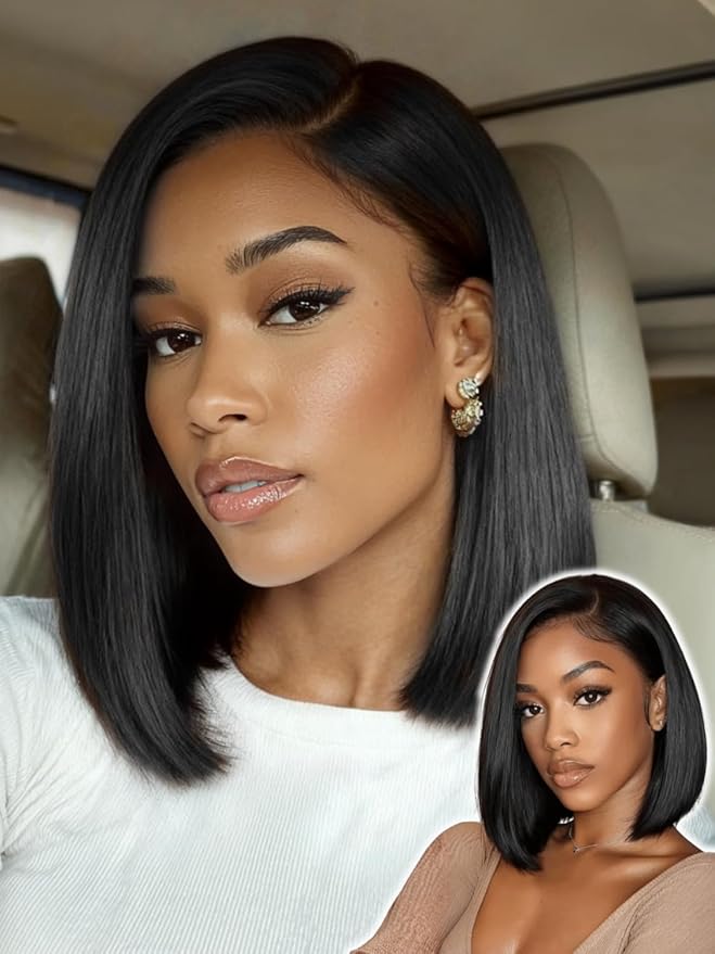 YIROO Bye Bye Knots 7x5 Lace Straight Bob Wig Glueless Human Hair Wig with Elastic Drawstring,Pre Plucked Pre Cut Short Bob Lace Closure Wig Wear and Go Natural Color 150% Density 10Inch