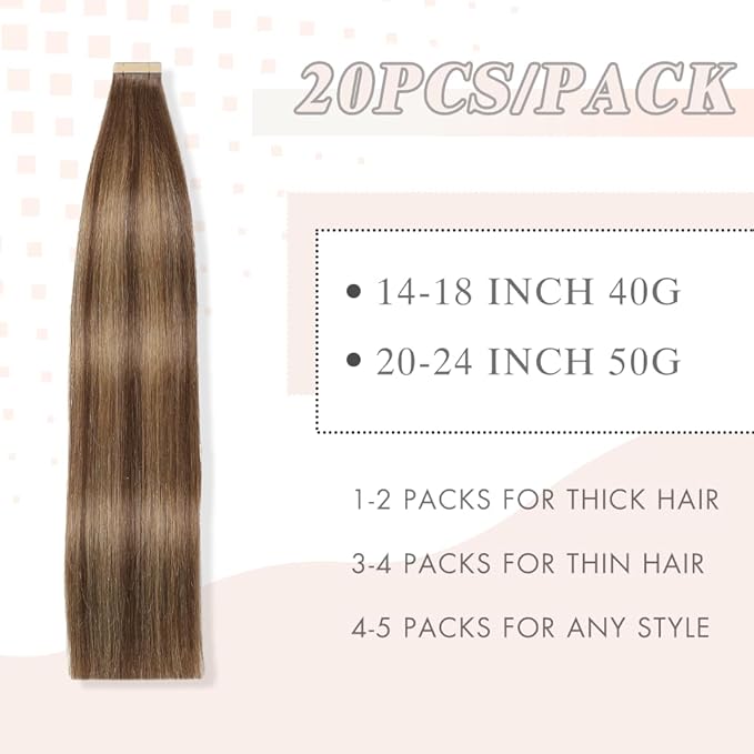 Tape in Hair Extensions Real Human Hair 24 Inch Darkest Brown to Medium Brown Double Sided Skin Weft Hair Extension Invisible Tape in Hair Extensions Remy Human Hair 20pcs (P2/10#,24 Inch)
