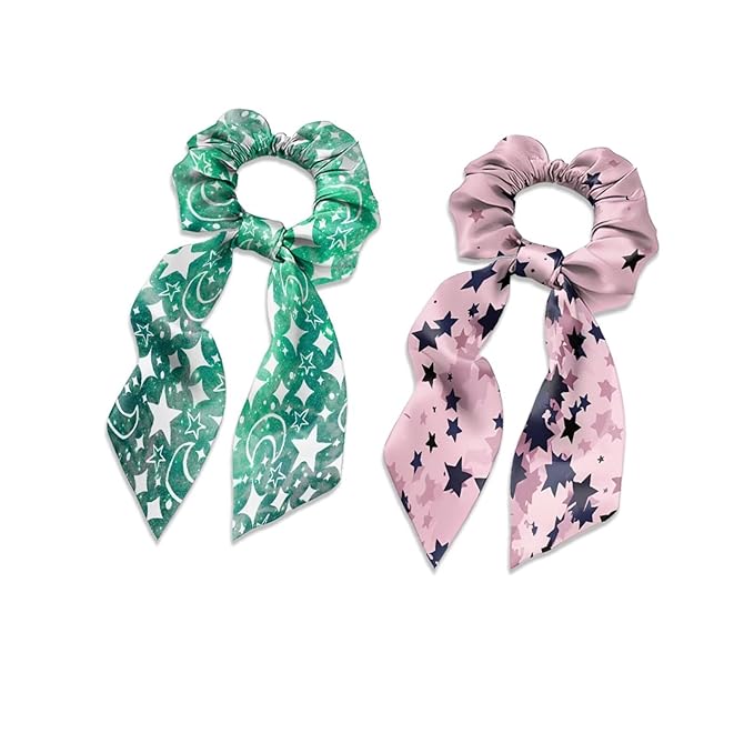 Pack of 2 Star Knotted Bow Hair Scrunchies Elastic Hair Scarf Green Pink Ribbon Scrunchies with Long Tails Stylish Silky Scrunchy Decor