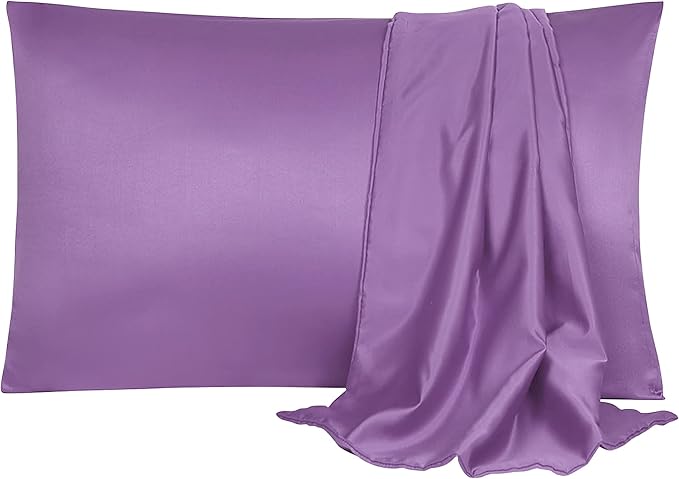 uxcell 2 Pack Silk Satin Pillowcase for Hair and Skin, Cool, Silky, Soft Breathable Pillow Cases Queen Size 20x30 Inch Sateen Pillowcase Purple with Envelope Closure