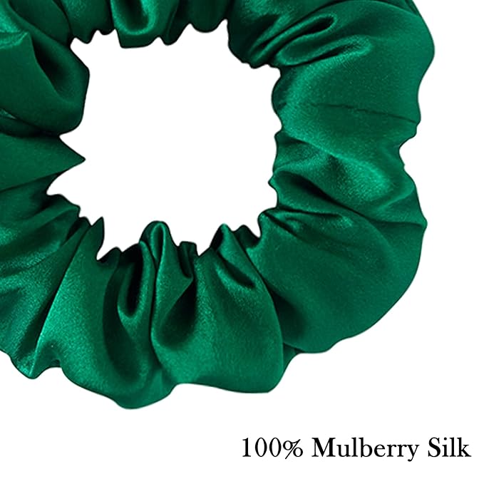 Silk Scrunchies For Hair, 3 Pack, 100% Mulberry Silk Hair Ties, 19 Momme, Natural Silk Elastic Hair Bands For Women And Girls'Hair Designed to Be Soft And Less Pulling (Emerald, Leopard,Navy Blue)