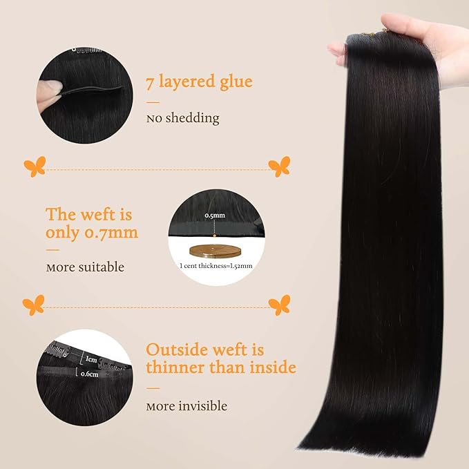 DOORES Clip in Hair Extensions, Natural Black 7pcs 14 Inch 110g,Seamless Clip in Hair Extensions Remy Straight Weft with Skin Invisi Edge Weft