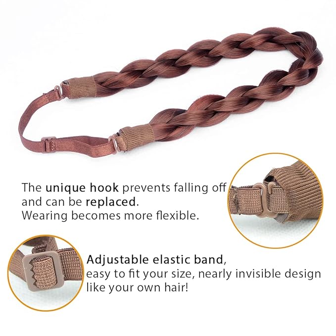 DIGUAN Chubby Narrow Synthetic Hair Braided Headband Classic Chunky Plaited Braids Elastic Stretch Hairpiece Women Girl Beauty, 58 g (Reddish Brown)