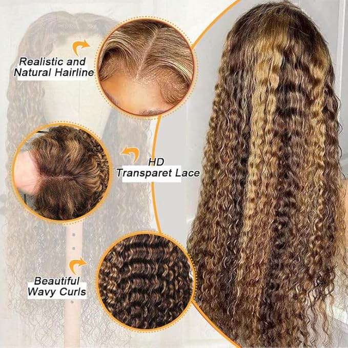 28inch Highlight Ombre Lace Front Wig Human Hair 13x6 HD Honey Blonde 4/27 Deep Wave Lace Frontal Wigs Glueless Wigs Human Hair
