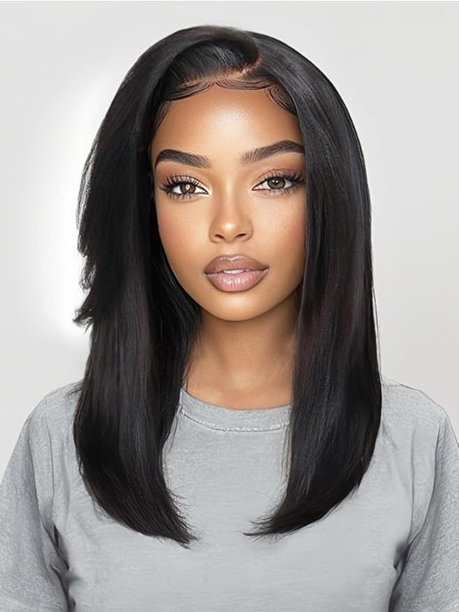 Yiroo Light Yaki Straight Wig Human Hair with Side Swept Bangs,7x5 Lace Front Bye Bye Knots Glueless Wig Human Hair Pre Plucked Pre Cut,Elastic Drawstring Wear and Go Wig for Women 150% Density 14Inch