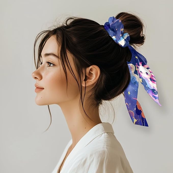 Axolotl Cute Hair Scrunchies with Ribbon Pack Of 2 Starry Sky Bow Scrunchy for Women Girls Trendy Knotted Bow No Damage Ponytail Holder Hair Band