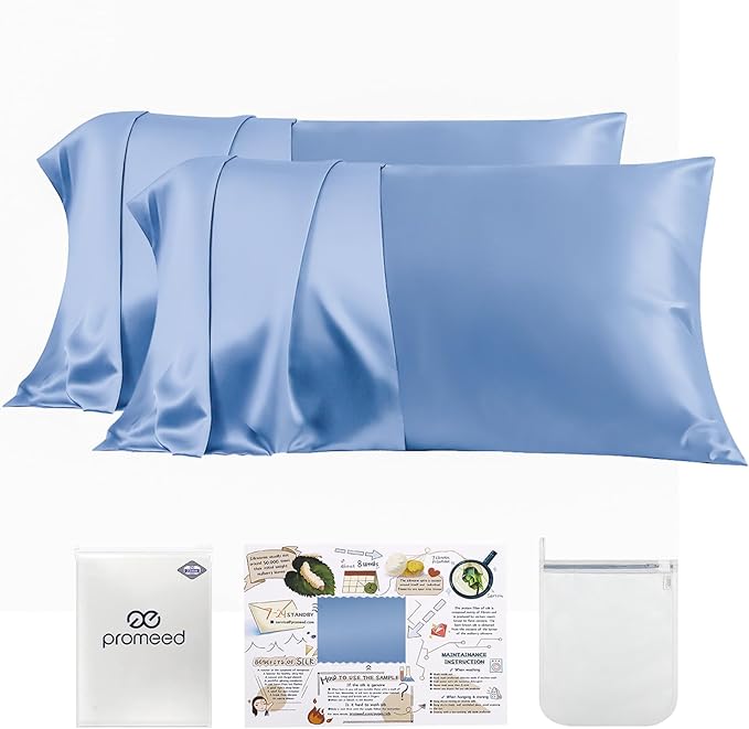 PROMEED 23 Momme Silk Pillowcase 2 Pack with Zipper, 3rd Gen Grade 6A+ 100% Mulberry Silk Pillow Case Set of 2, Cooling Pillow Cases for Hot Sleepers (King 20"x36", Light Blue)