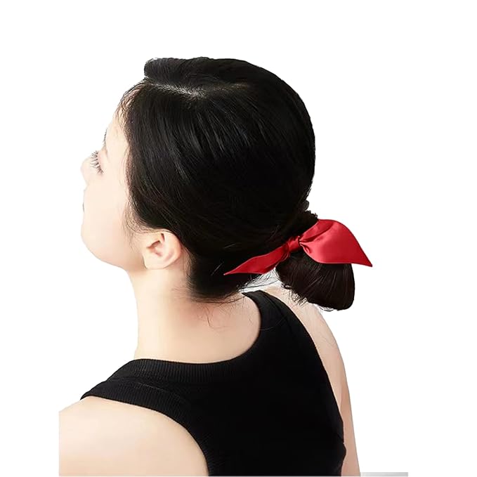 THXSILK Hair Silk Scrunchies with Bow for Women Pure Mulberry Silk Hair Cute Ring Ties Scrunchies for Girls Women's Thick Hair, Red, 2.8"