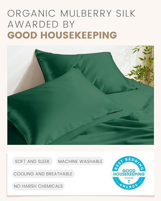 THXSILK 100% Pure Mulberry Silk Pillowcase for Hair and Skin, 6A+ Grade Silk Pillow Case Queen Size 20"x30", Real Silk Pillowcase with Zipper, Anti Aging Acne Free (Emerald Green)