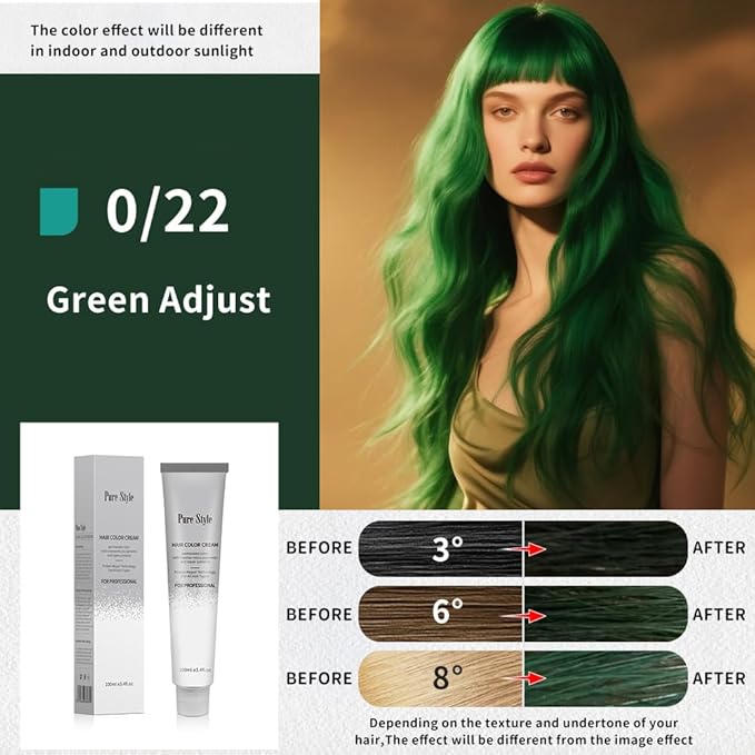 PureStyle 100g Professional Permanent Hair Color Dye Cream Ammonia Free, Long Lasting Green Color, Natural Shine, For All Hair Types Easy At Home Application (0/22 Green)