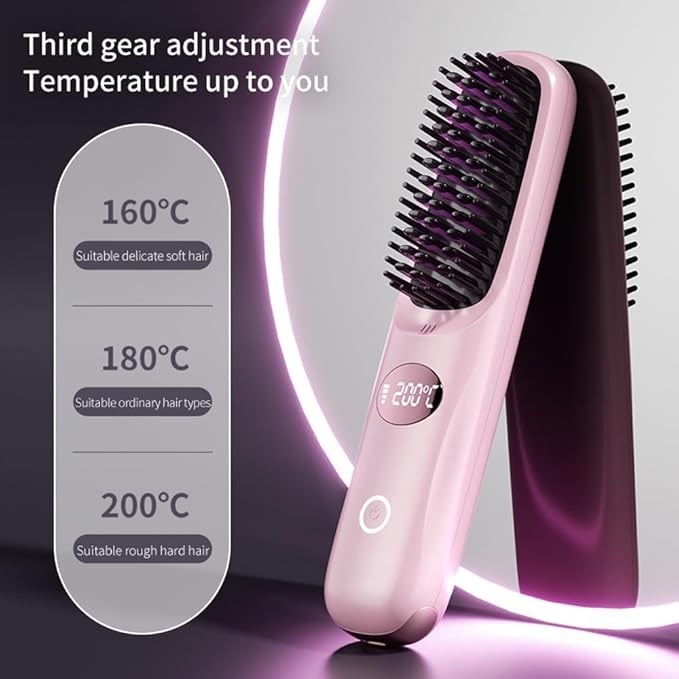 Cordless Hair Straightener Brush: Portable Rechargeable Heated Straightening Comb with LED Display & 3 Temperature Settings - Travel Hair Brush for Smooth Frizz-Free Styling (Black)