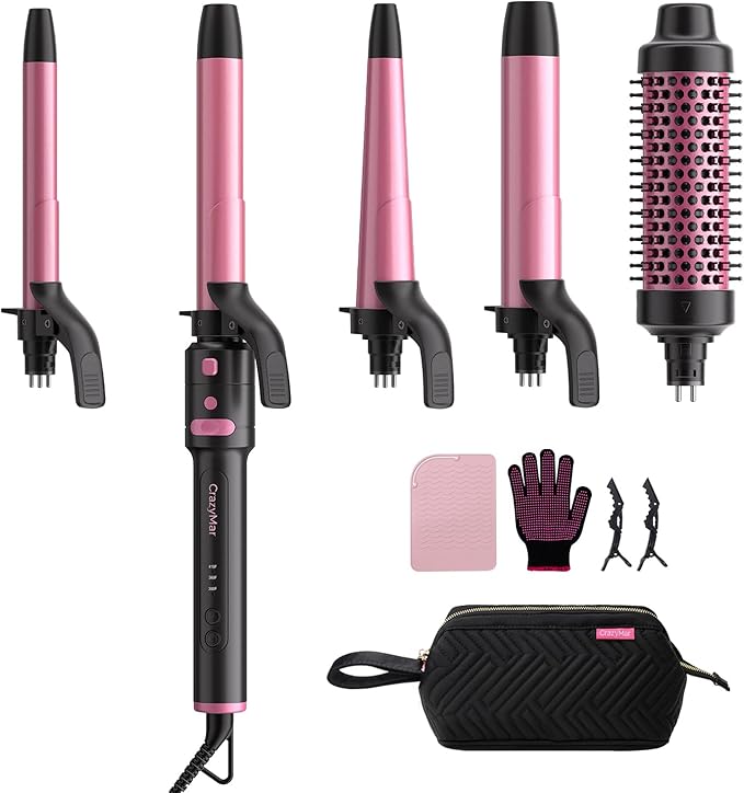 5 in 1 Automatic Rotating Curling Iron Set, CrazyMar Curling Wand Set - 5 Barrels (3/4,1,1/4 Inch) Dual Voltage Curling Wand for Professional Hair Styling, Travel, Ceramic Coating, Women Gifts