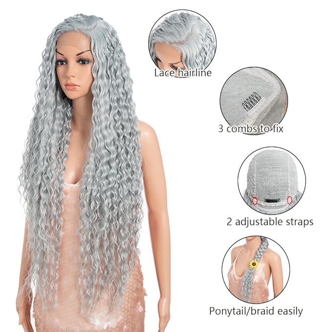 Style Icon 36”Super Long Curly Wig C-Shaped Side Part Lace Wig Afro Baby Hair Synthetic Blue Wig （36 Inches, GBLUE12 ）
