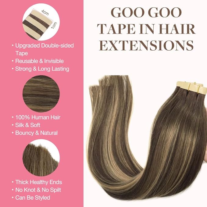 GOO GOO Tape in Hair Extensions Tape 201, 4/26/4 Balayage Chocolate Brown to Honey Blonde, 14inch 25g 10pcs