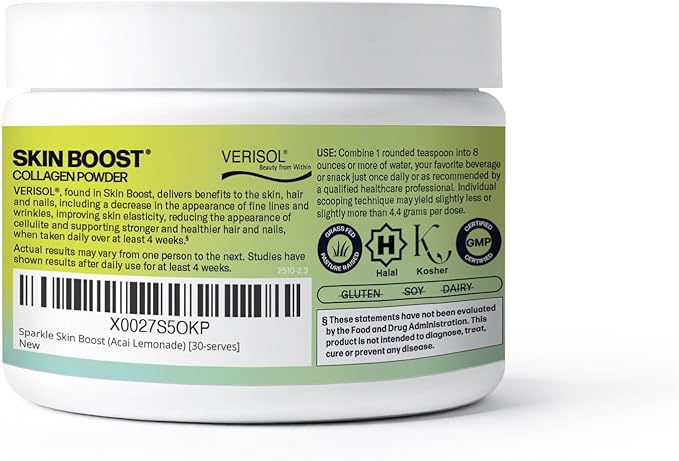 Sparkle Wellness VERISOL Bioactive Hydrolyzed Collagen Peptides | Collagen Powder Supplement with Vitamin C for Skin, Hair & Nail Health | Skin Boost (Acai Lemonade) [30-Serves]
