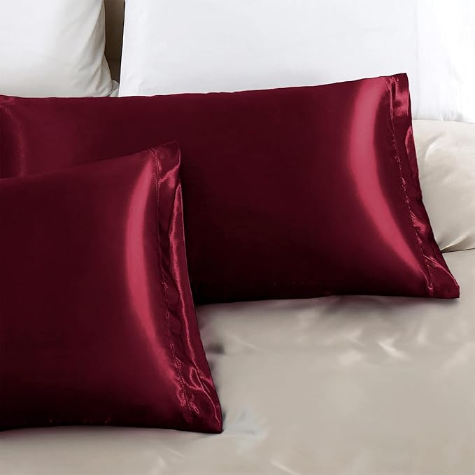 Aormenzy Satin Pillow Cases for Women Standard Size Set of 2, Burgundy Satin Pillowcase for Hair with Envelope Closure Silky Pillow Covers Wrinkle, Fade Resistant (20x26 Inches)