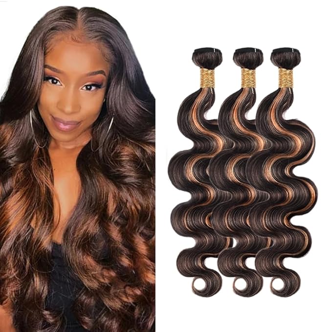 28 30 32 Inch Light Brown Body Wave Bundles Human Hair Ombre Brown Bundles Niegmeag Brazilian Virgin Remy Hair Extensions Double Weft Highlight P1B30 Body Wave Bundle Hair Weave