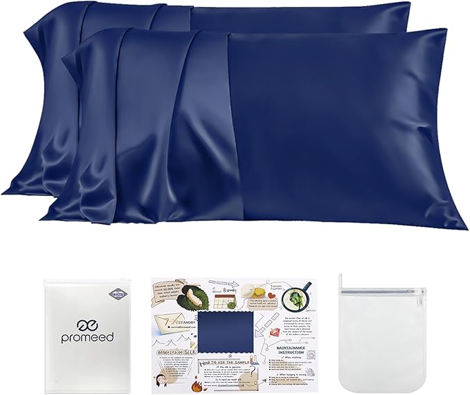 PROMEED 23 Momme Silk Pillowcase 2 Pack with Zipper, 3rd Gen Grade 6A+ 100% Mulberry Silk Pillow Case Set of 2, Cooling Pillow Cases for Hot Sleepers (Standard 20"x26", Navy)