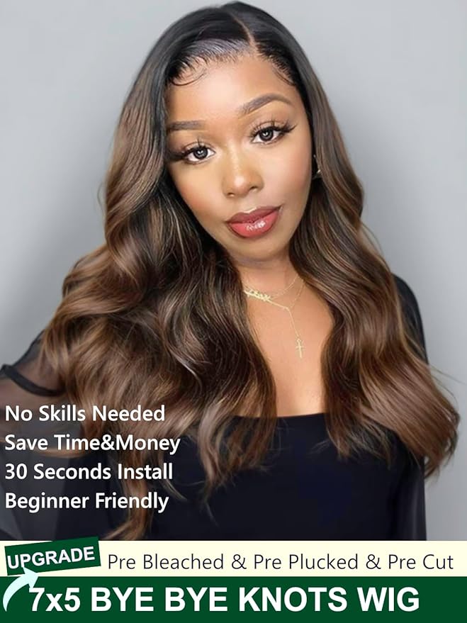 KLAIYI Bye Bye Knots Glueless Wig Ombre Brown Body Wave Pre Cut 7x5 Lace Front Wigs Human Hair Pre Plucked Pre Bleached Pre Everything Wear and Go Wig 12A Highlight Balayage 30S Ready To Go 26Inch
