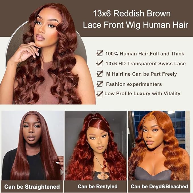 BVH 26 Inch Reddish Brown 13x6 Lace Front Wigs Human Hair Body Wave Wigs Human Hair 200 Density Hd Lace Frontal Wigs M Hairline 33# Brown Wigs (13x6 Reddish Brown Lace Front Wigs Human Hair, 26 Inch)