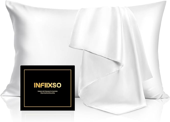 INFIIXSO Mulberry Silk Pillowcase for Hair and Skin, Silk Pillow Cases Queen Size with Hidden Zipper 20x30 Inches, Extraordinary Smooth and Soft Cooling Pillow Cases for Hot Sleepers(White, 1 Pack)