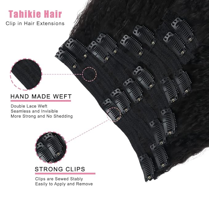Kinky Straight Human Hair Clip in Extensions 120g Full Head Clip ins for Women 100% Unprocessed Brazilian Virgin Human Hair Yaki Straight Clip ins Remy Hair Natural Black 8Pcs 18Clips 26inch