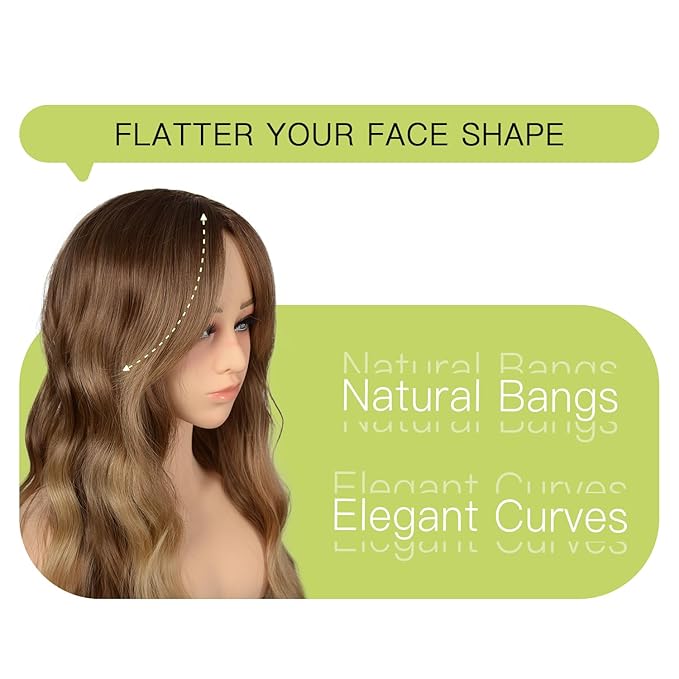 Long Wavy Honey Blonde Wig with Curtain Bangs for Women 26 Inch Brown Ombre Dark Blonde Wig Natural Looking Synthetic Heat Resistant Fiber Wig for Daily Party Halloween Cosplay Use
