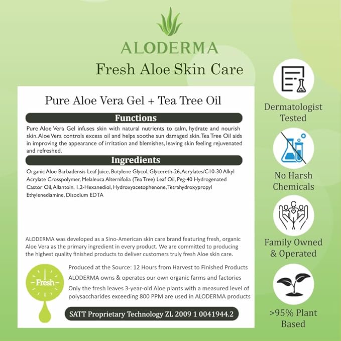Aloderma Aloe Vera Gel + Tea Tree Oil, Made with Refreshing Organic Aloe for After Sun Skin Care, Multipurpose Use for Hair and Scalp, and Face or as a Shaving Gel or Aftershave - 10.6Oz x 3btls