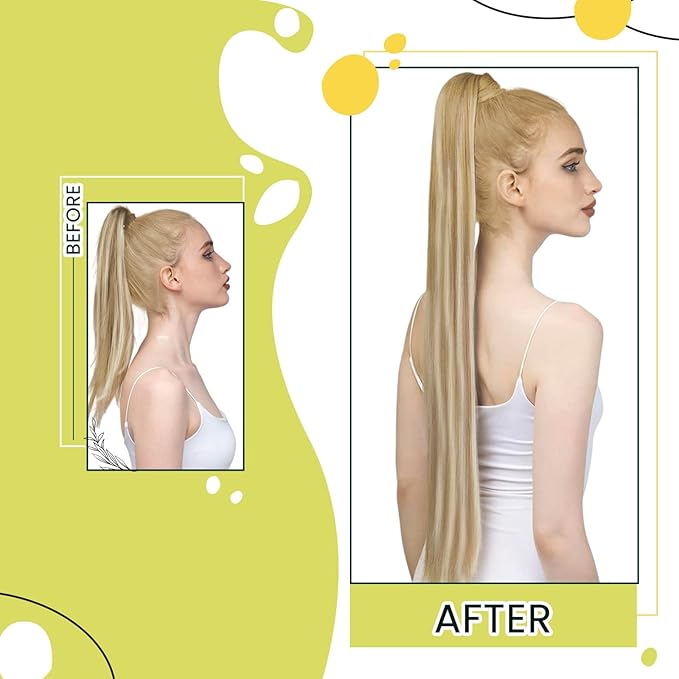 RUNATURE Human Hair Ponytail Extension Blonde, Straight Ponytail Extension Real Human Hair, Ponytail Hair Extensions Short, Remy Natural Hair 12 Inch 70g #16P22 Dark Ash Blonde Highlight Light Blonde