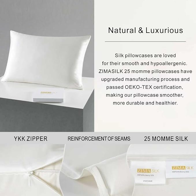 ZIMASILK 25 Momme 100% Pure Mulberry Silk Pillowcase for Hair and Skin Care, Highest Grade 6A Pillow Cases for Women, Long-Lasting Durablity, Gift for Women Men, 1Pc (King 20"x36", Ivory)