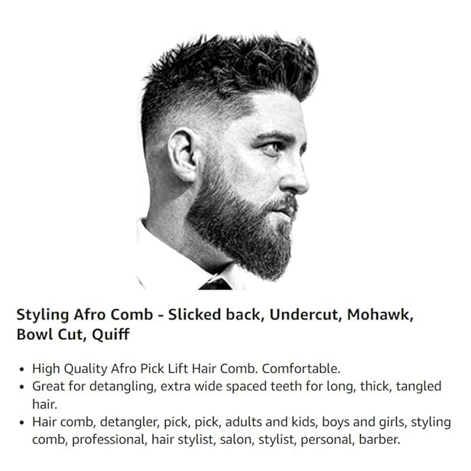 (3 Pack) 7" Black Afro Pick Lift Hair Comb Detangle Wig Braid Hair Man Styling Comb (Black)